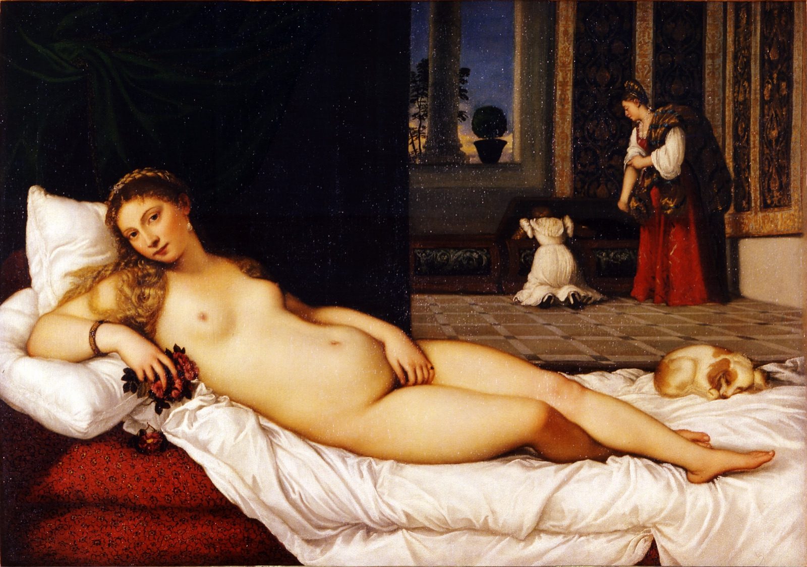 Titian's Venus of Urbino, showing a nude woman reclining on a couch in a Renaissance interior, her head turned to face the viewer and one hand resting at her thigh.