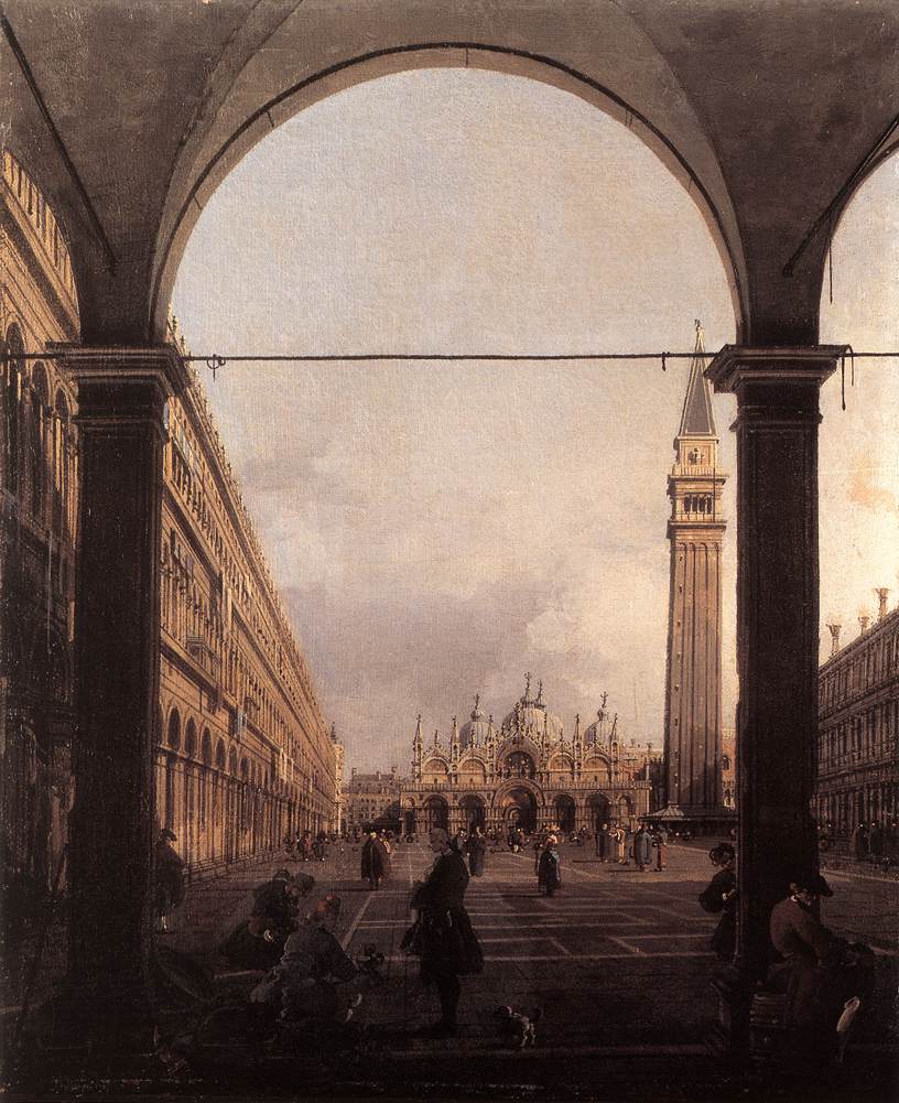 Canaletto's Piazza San Marco, Looking East from the North-West Corner, showing the square's basilica and campanile viewed through a colonnaded archway that was demolished in 1807.