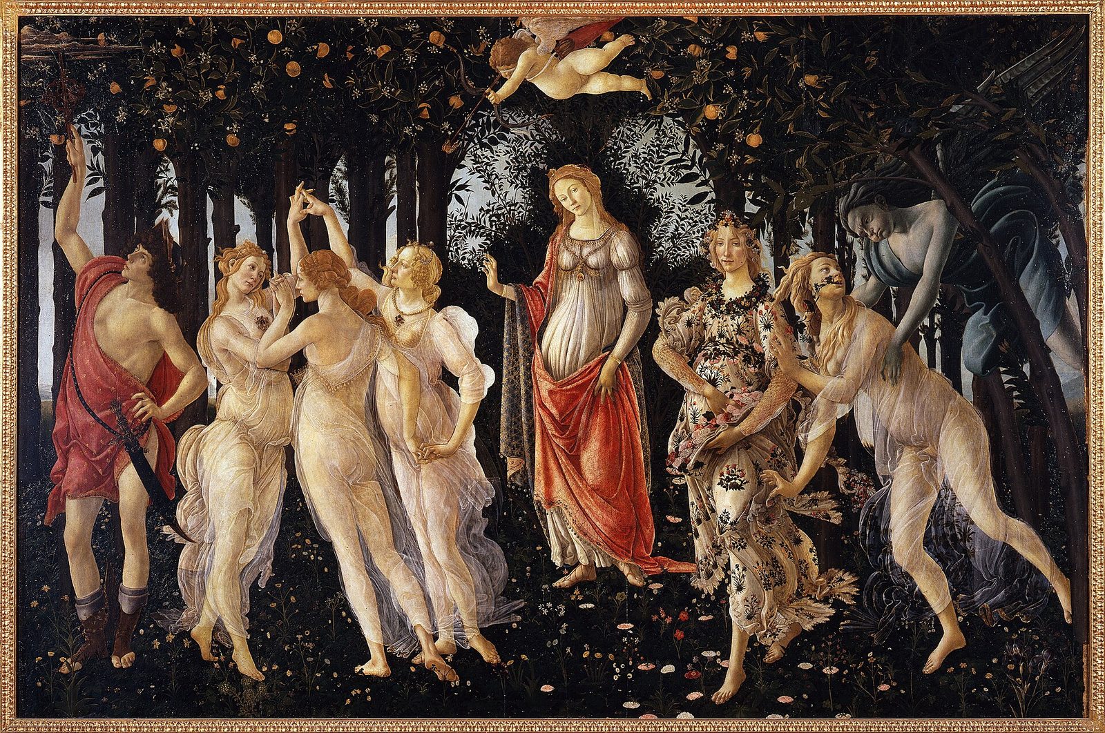 Primavera by Sandro Botticelli, a wood-panel painting (not canvas), held at the Uffizi alongside the Birth of Venus though the two are no longer assumed to share a single commission.