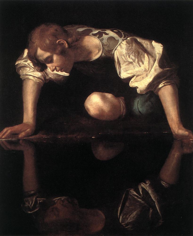 Narcissus, oil on canvas attributed to Caravaggio or, in a rival attribution, to Giovanni Antonio Galli (lo Spadarino), showing an adolescent boy in a brocade doublet kneeling over water and reaching for his mirrored reflection.