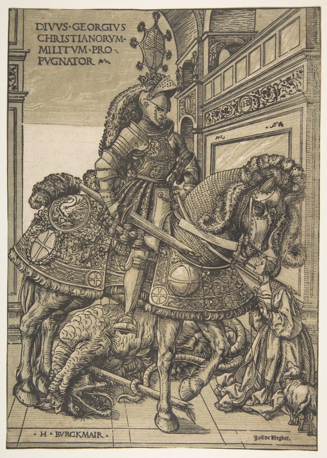 Hans Burgkmair's chiaroscuro woodcut Saint George on Horseback, produced in Augsburg, the print tradition Peutinger's commission is credited with starting.