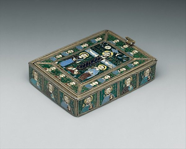 The Fieschi Morgan Staurotheke, a Byzantine gold and cloisonné-enamel reliquary box made in the early ninth century to hold a fragment of the True Cross, its lid decorated with the Crucifixion surrounded by busts of twenty-seven saints.
