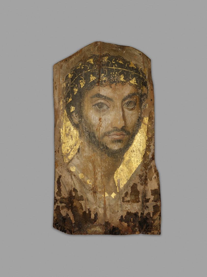 A Romano-Egyptian mummy portrait of a man wearing an ivy wreath, flat and matte in appearance despite testing positive for beeswax, Art Institute of Chicago.