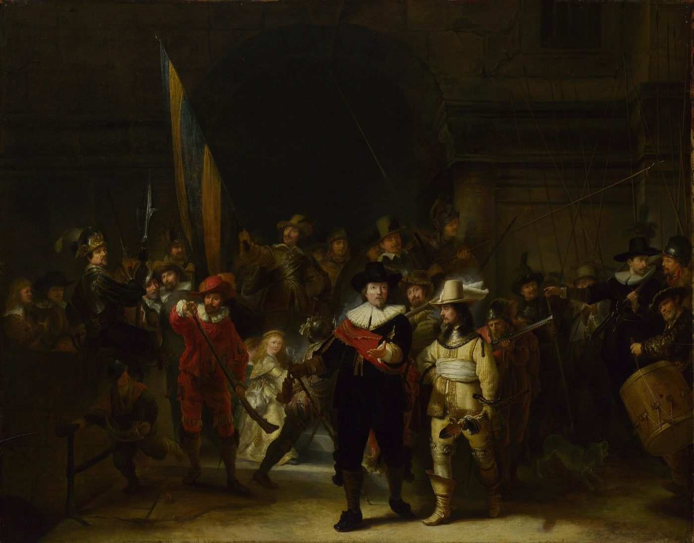 Gerrit Lundens's small painted copy of The Night Watch, showing the full uncropped composition with the archway off-centre and figures at the left edge that no longer exist on the original.