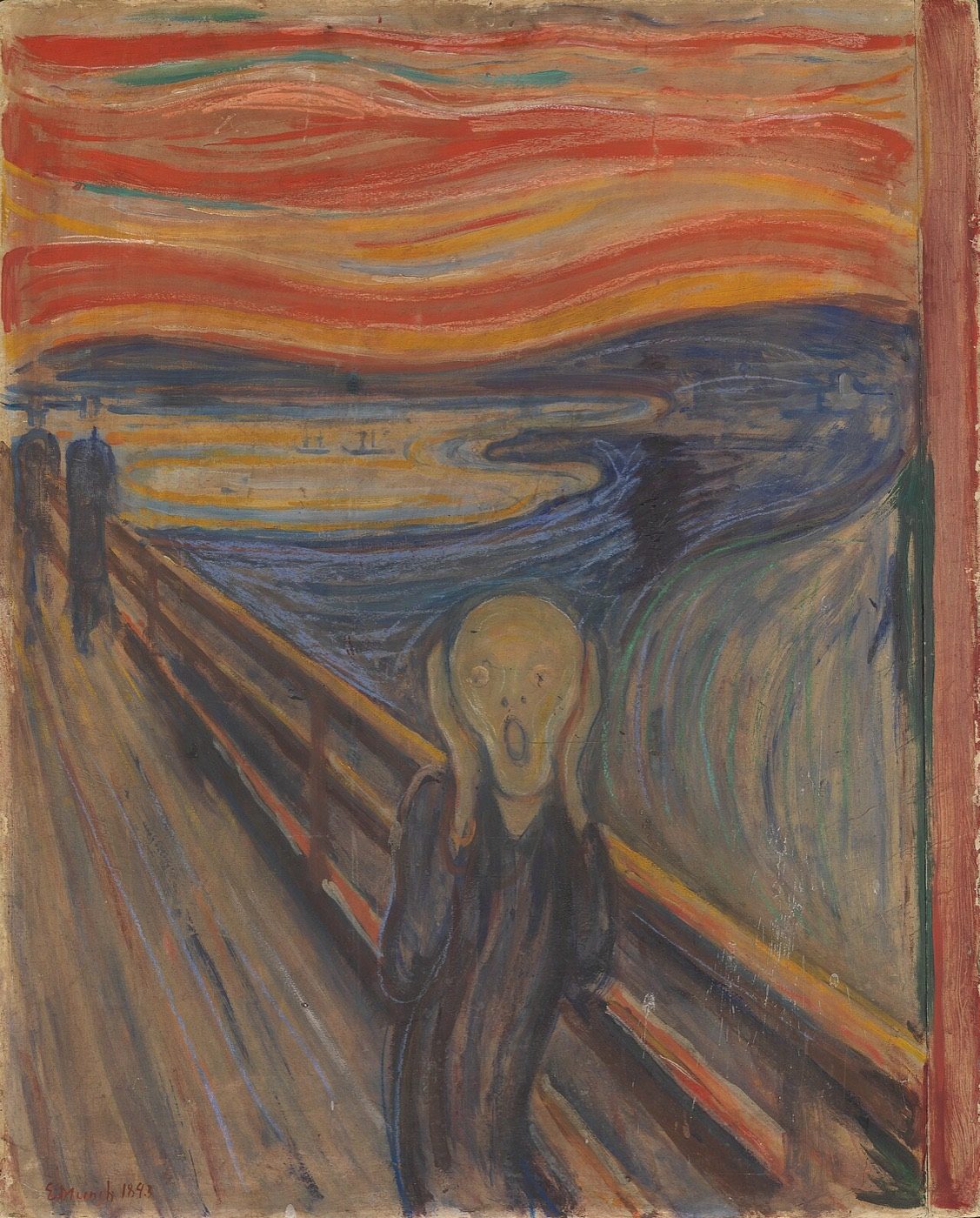 Munch's The Scream of 1893, the figure on a bridge under a blood-red sky, with the cardboard support visible through thin passages of paint.