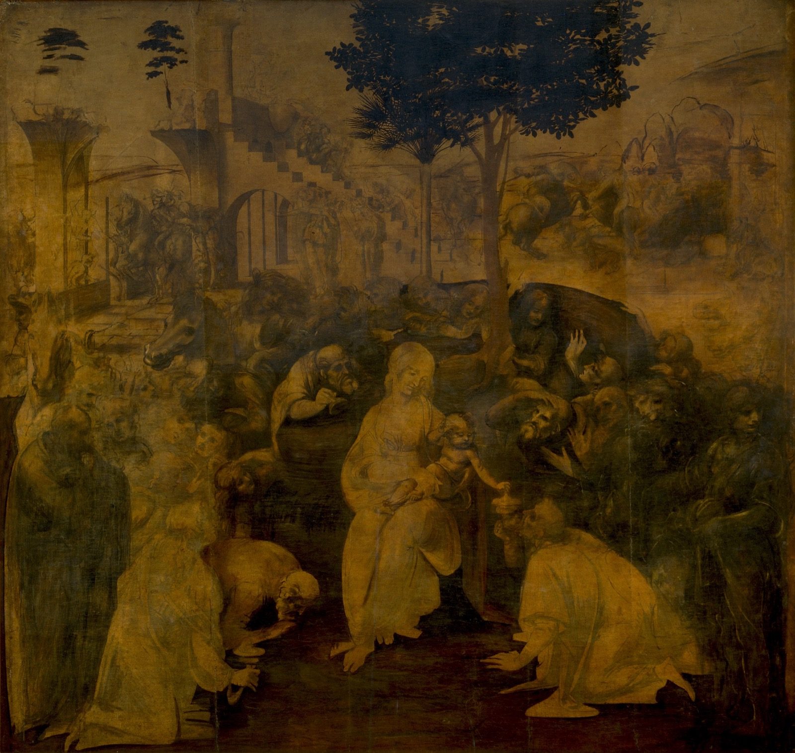 Leonardo da Vinci's unfinished Adoration of the Magi, showing loosely sketched and overlapping figures crowding around the Virgin and Child, with much of the panel left at the underdrawing stage.