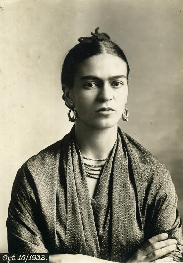 Frida Kahlo photographed in 1932 by her father, commercial photographer Guillermo Kahlo, twelve years before she painted The Broken Column.