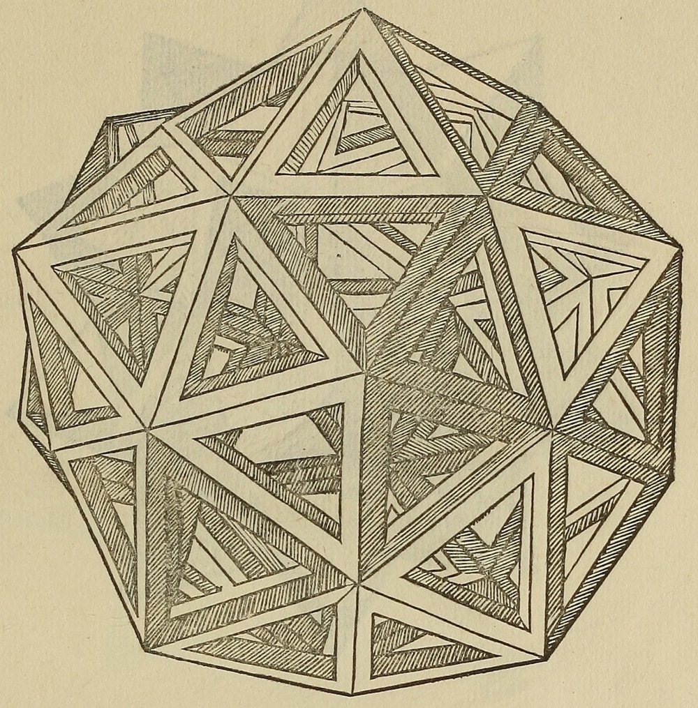 Woodcut of a hollow dodecahedron with its faces built up into star-shaped pyramids, drawn as a skeleton of ribbon-like edges, from the 1509 edition of De divina proportione.