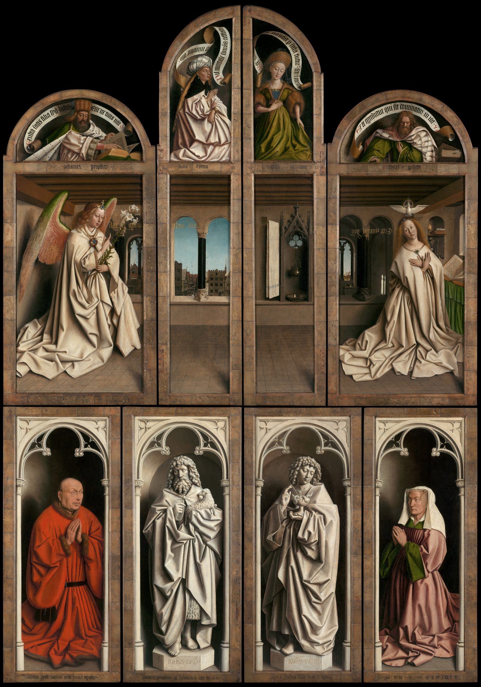 The closed exterior of Jan and Hubert van Eyck's 1432 Ghent Altarpiece after its 2012-2016 restoration, with Saint John the Baptist and Saint John the Evangelist painted in grisaille to imitate stone statues in the lower register.