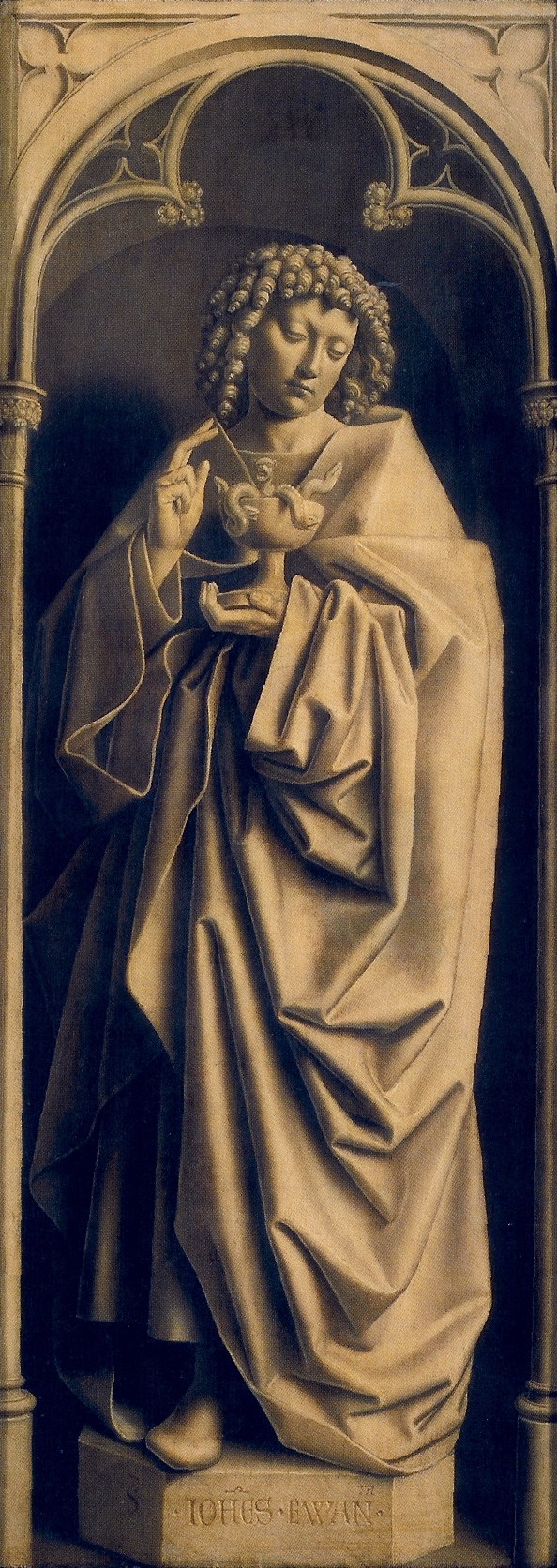 Jan van Eyck's grisaille panel of Saint John the Evangelist from the closed Ghent Altarpiece, painted in shades of grey to mimic a carved stone statue standing in a niche.