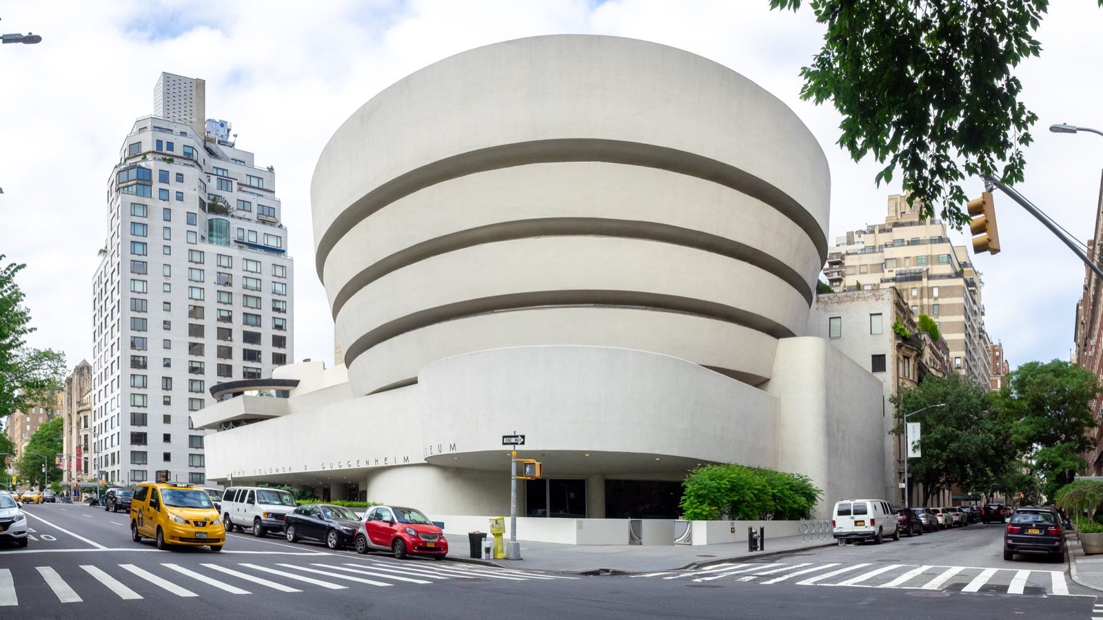 The Solomon R. Guggenheim Museum in New York, showing Frank Lloyd Wright's spiral concrete structure that opened in October 1959, months after his death.