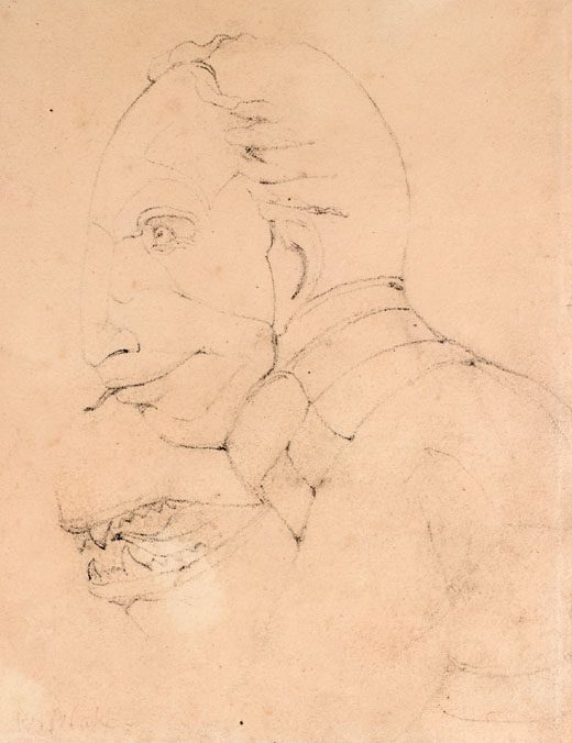 William Blake's pencil head study for The Ghost of a Flea, a preliminary drawing that predates the finished tempera-and-gold panel.