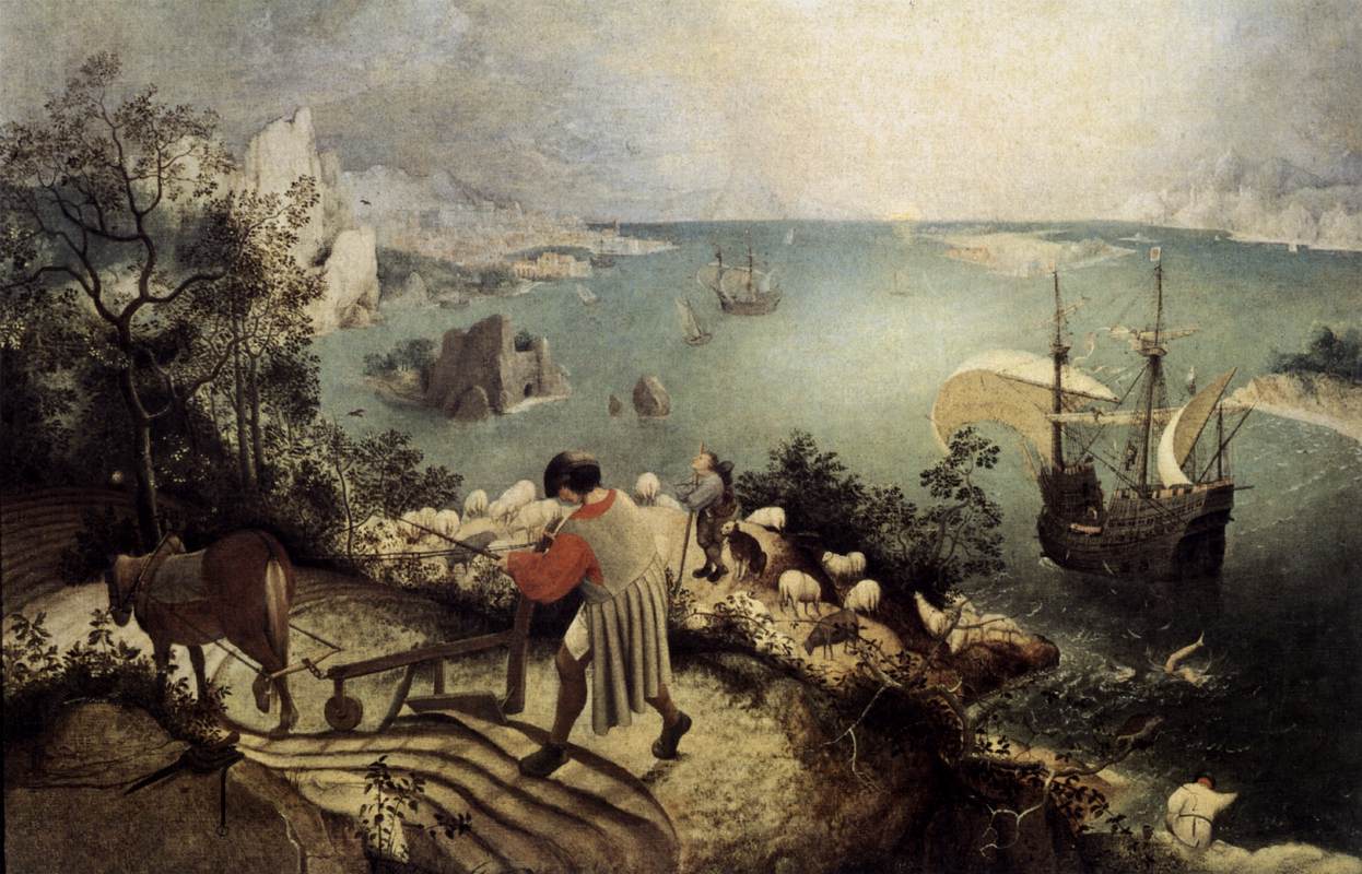 Landscape with the Fall of Icarus, a 16th-century painting showing a plowman, shepherd, and ship in the foreground while a tiny pair of legs disappears into the sea in the lower right corner.