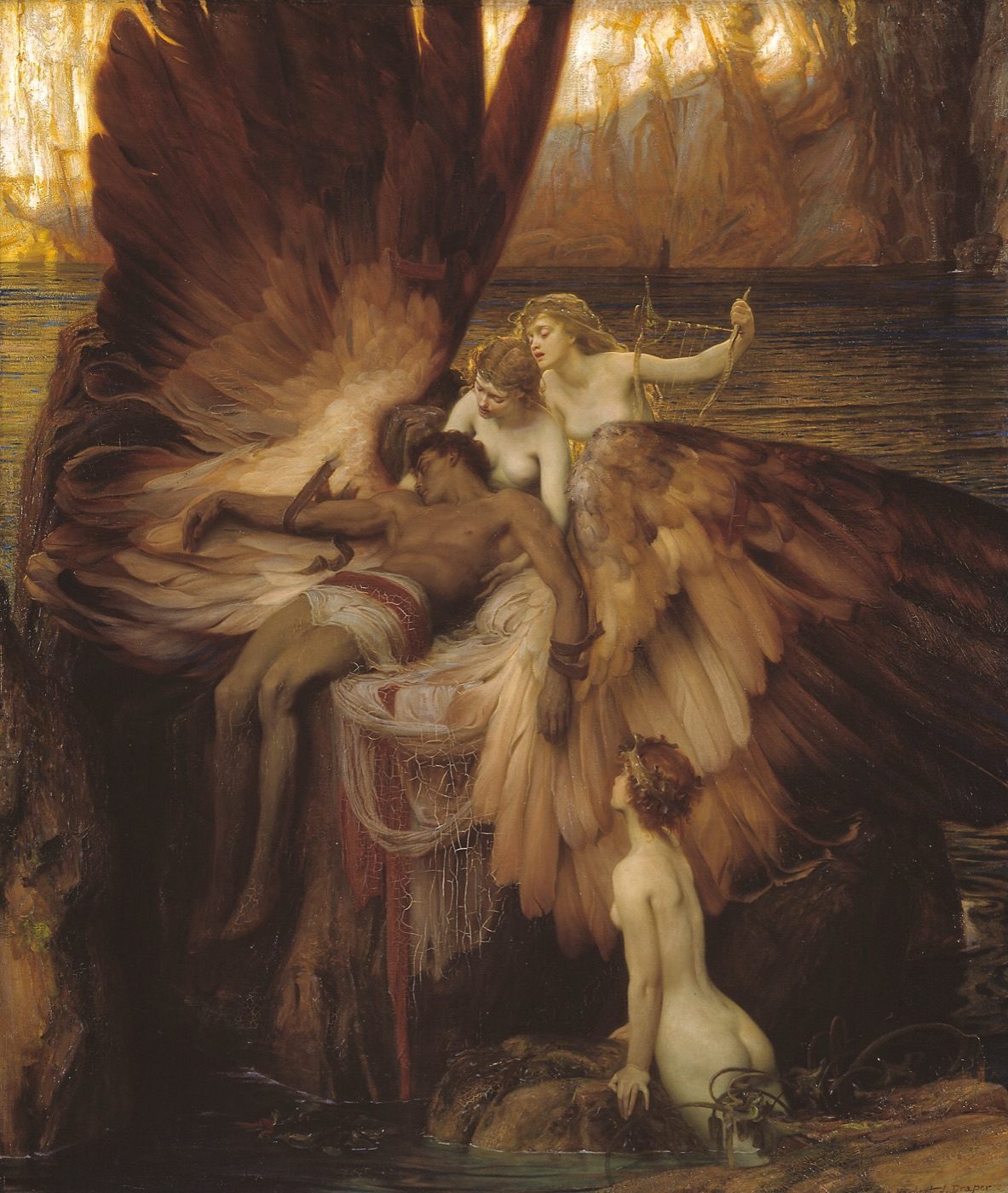 The Lament for Icarus by Herbert James Draper, showing the dead Icarus with wings still intact draped across the arms of mourning sea-nymphs, lit in warm sunset colours.