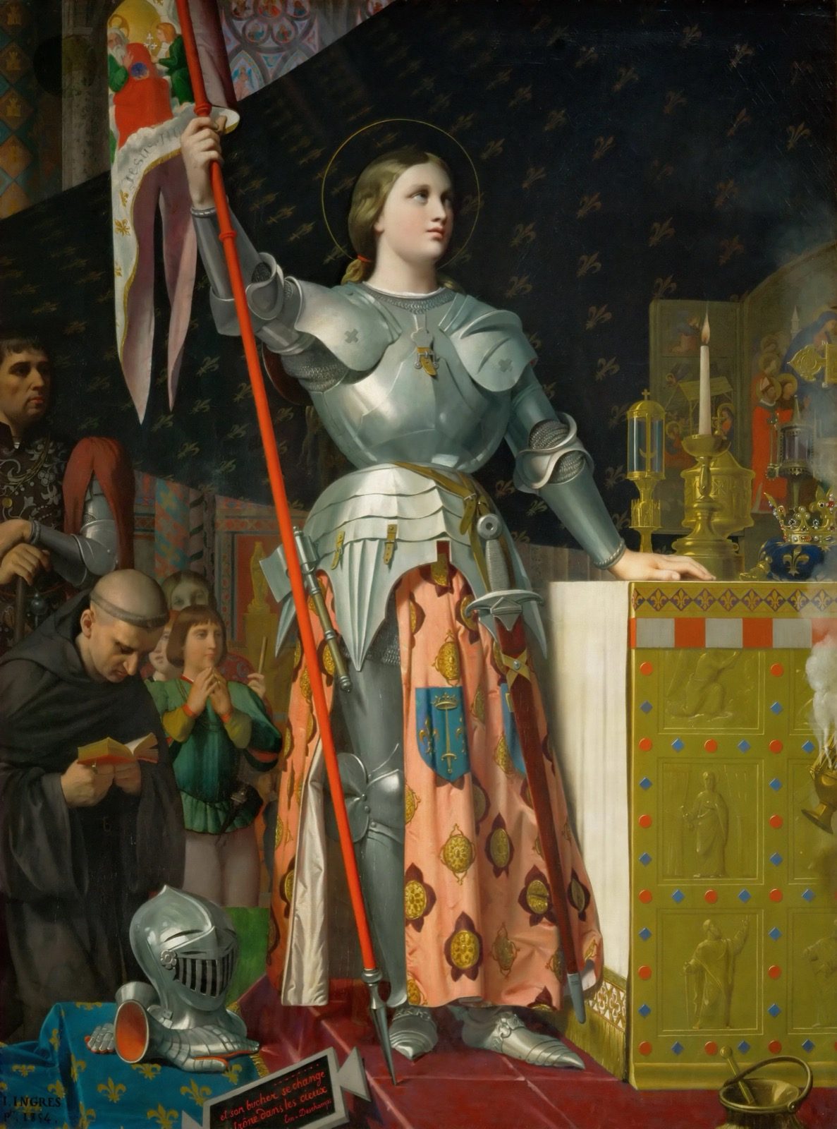 Jean-Auguste-Dominique Ingres's 1854 painting Joan of Arc at the Coronation of Charles VII, showing Joan in armor at the altar of Reims Cathedral, surrounded by pages, a monk, and a servant figure that is a self-portrait of the artist.
