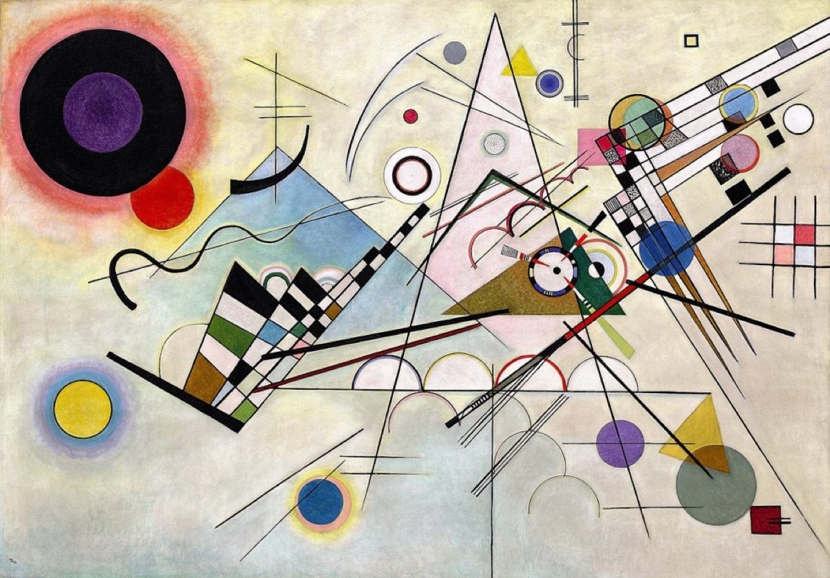 Wassily Kandinsky's Composition 8 (1923), an oil painting of overlapping geometric circles, triangles and grids with no recognizable object, one of the works Hilla Rebay steered Solomon Guggenheim toward buying.