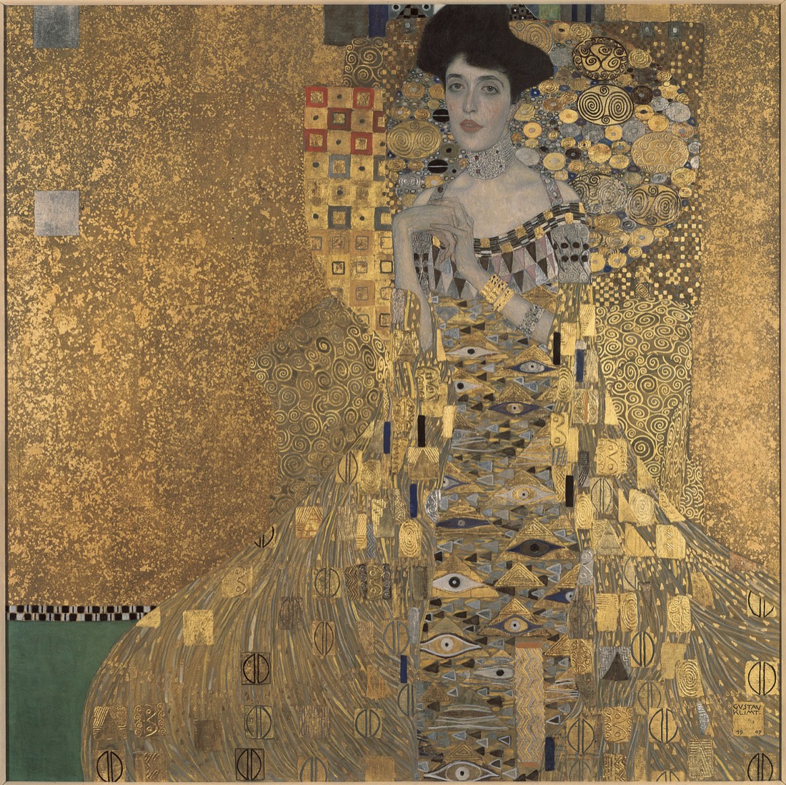 Gustav Klimt’s Portrait of Adele Bloch-Bauer I, 1907, a full-length figure in a gold robe against a gold ground