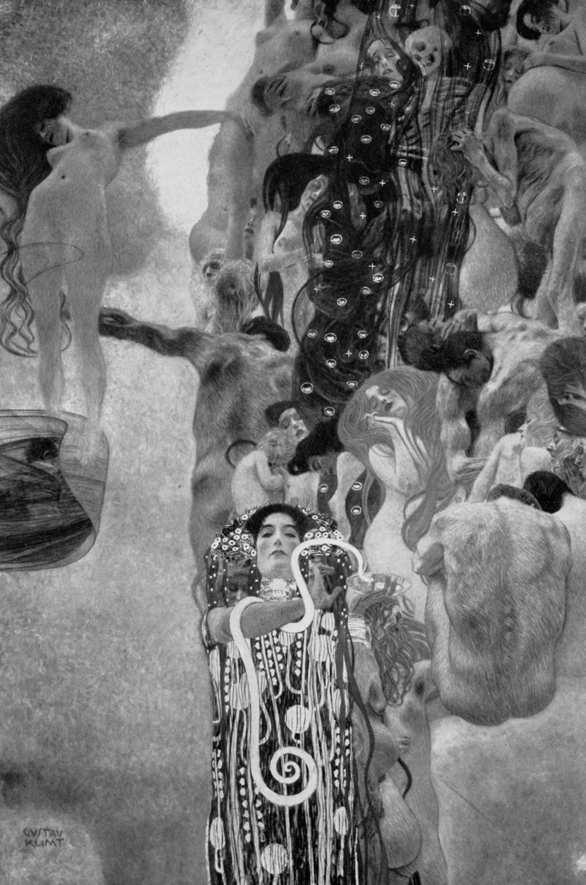Black-and-white photograph of Gustav Klimt’s faculty painting Medicine, showing a drifting column of nude figures above the frontal figure of Hygieia holding a snake