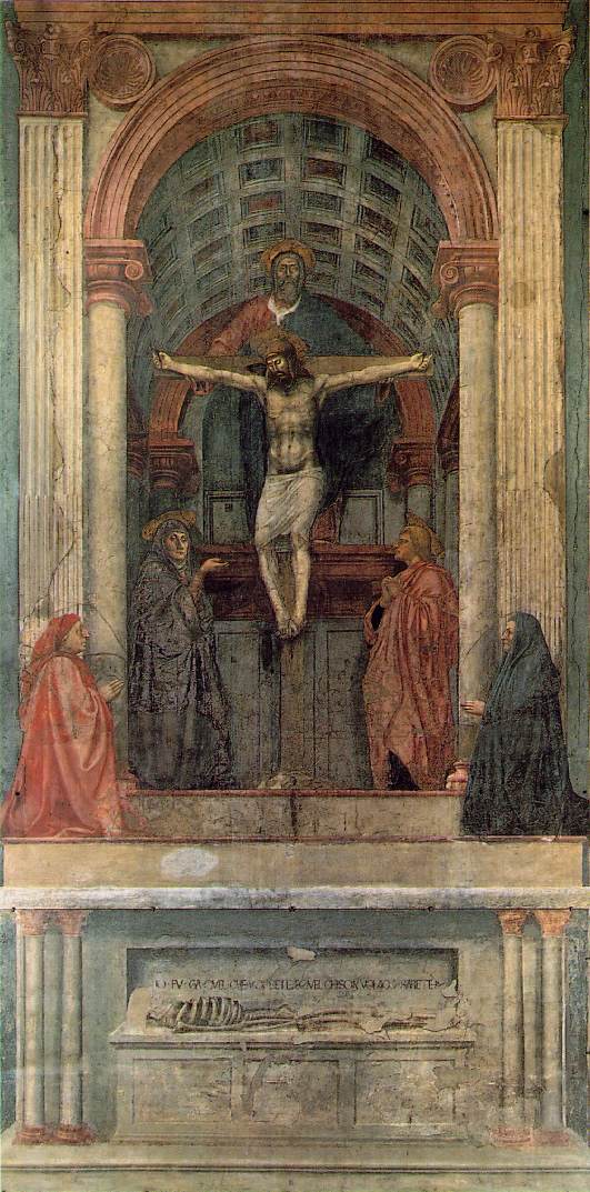Masaccio's Holy Trinity fresco, 1425-1428, in Santa Maria Novella, Florence, showing a coffered barrel-vaulted chapel painted in single-point perspective with all orthogonal lines converging toward one vanishing point below the figures.