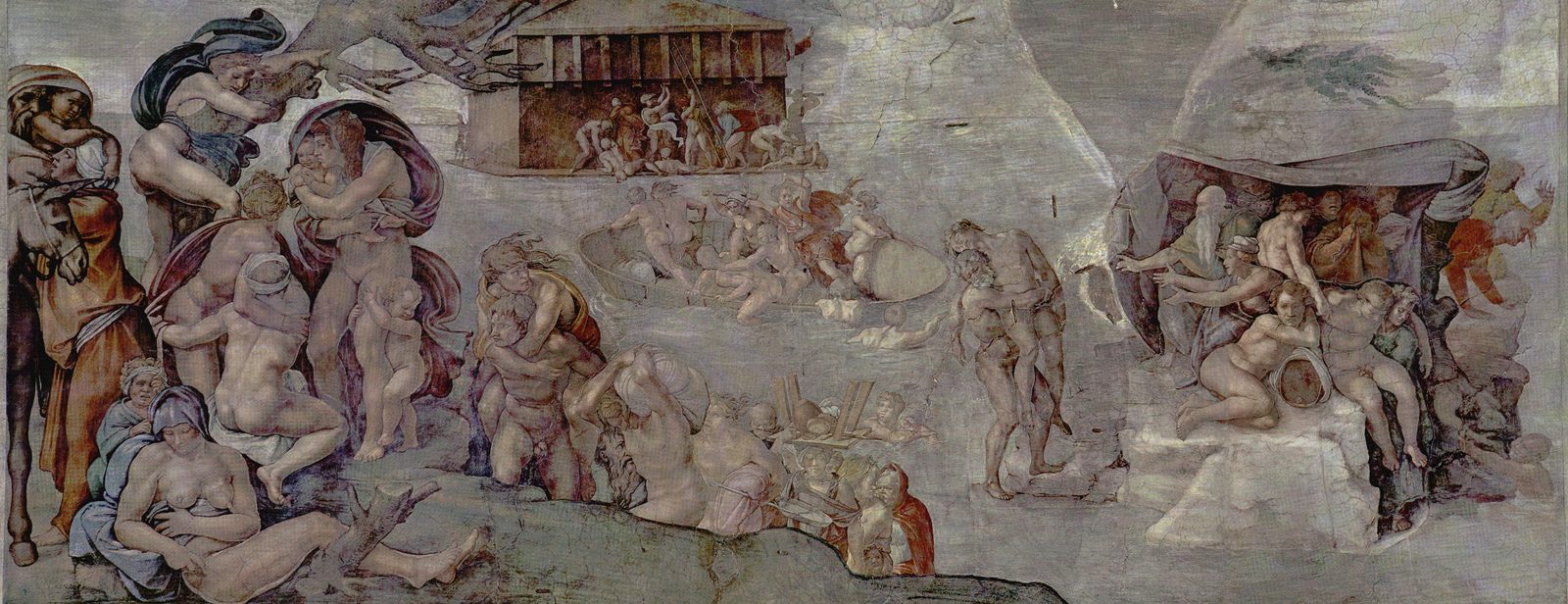 Michelangelo's Deluge (The Flood) panel on the Sistine Chapel ceiling, part of the section he painted first and had to rework after the original plaster grew mold.