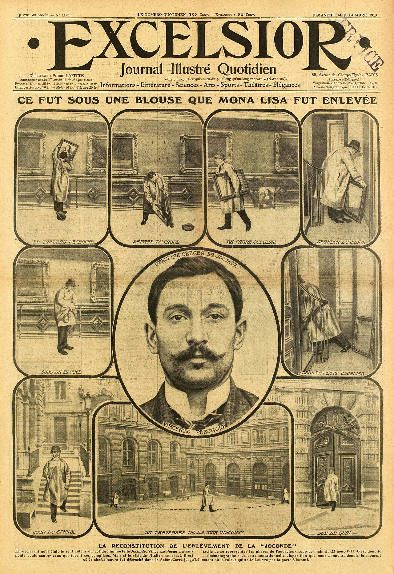 Front page of the Paris daily Excelsior, 14 December 1913, given over to a staged photographic reconstruction of the Mona Lisa theft, with a portrait of Vincenzo Peruggia at the centre