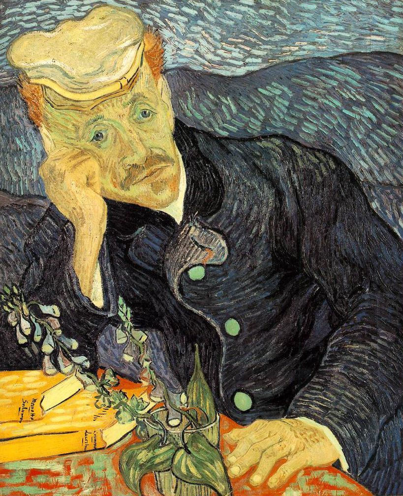 Van Gogh's 1890 portrait of Dr. Paul Gachet, a red-haired man in a white cap and dark blue coat resting his head on his hand, with a foxglove sprig and two yellow books on a red table.