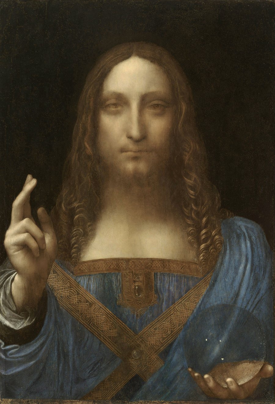 Half-length portrait of Christ facing the viewer in a blue robe crossed by gold bands, raising two fingers of the right hand and holding a transparent crystal orb in the left, against a dark ground.