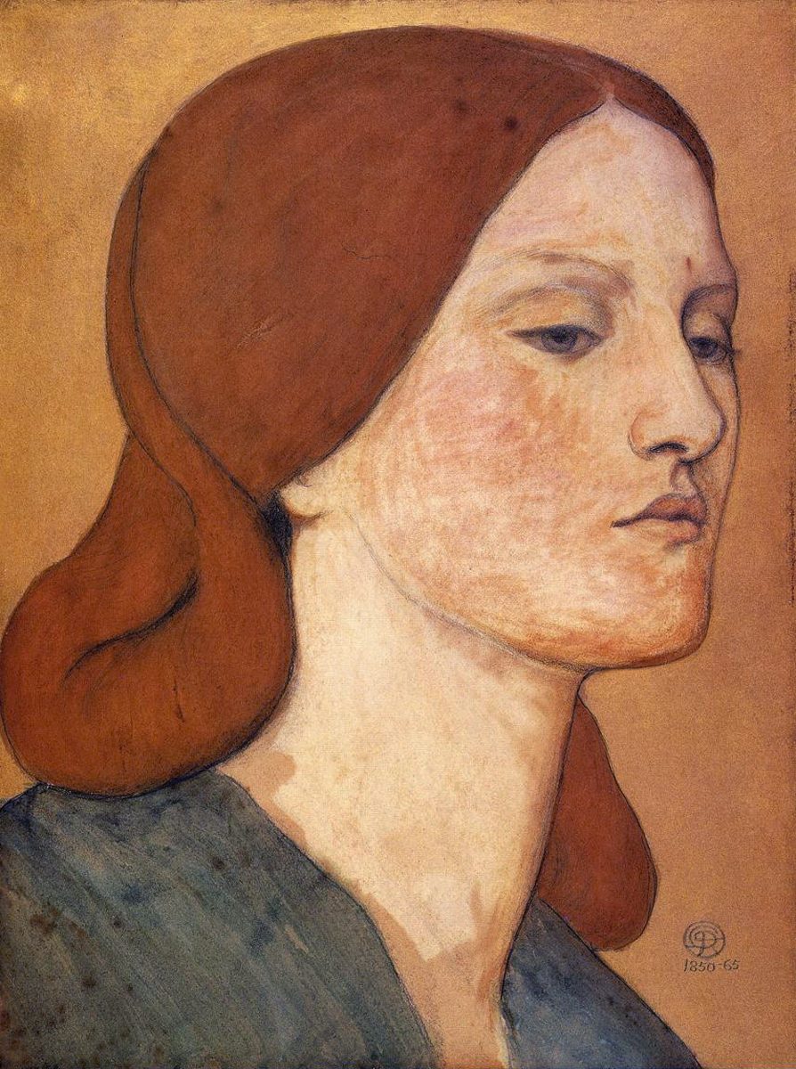 Dante Gabriel Rossetti's portrait of Elizabeth Siddal, the model Millais painted as Ophelia and who fell seriously ill after a studio sitting in a cold bathtub.