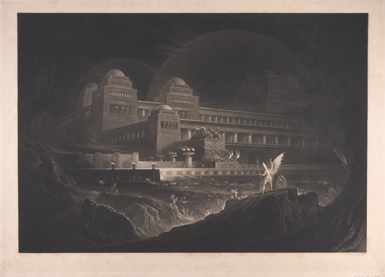 John Martin's 1831 mezzotint engraving of Pandemonium, the earlier print version of the same composition he later painted in oil in 1841.