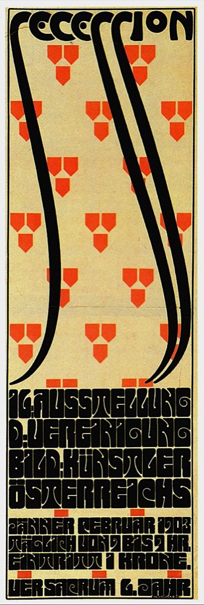 Alfred Roller's lithographed poster for the sixteenth Vienna Secession exhibition, dominated by tall, blocky, rectangular lettering with almost no illustration, printed in muted gold and dark tones.