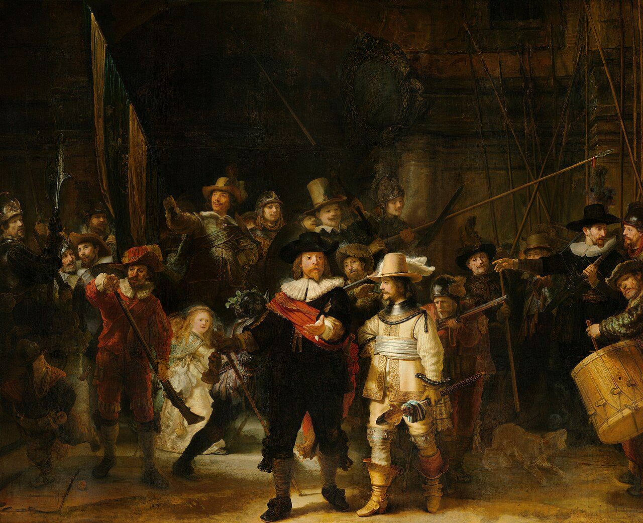 Rembrandt's The Night Watch, 1642, a militia group portrait in which a shaft of light picks out Captain Frans Banninck Cocq's gesturing hand and a young girl in a golden dress at center, while the surrounding guardsmen fall into shadow.