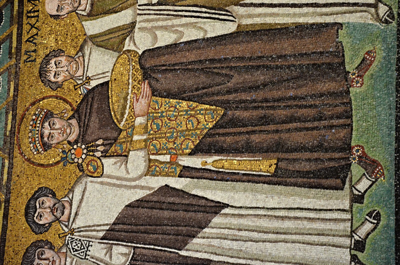 The Emperor Justinian I mosaic in the Basilica of San Vitale, Ravenna, showing Justinian in imperial purple flanked by clergy, courtiers, and soldiers, made around 547 AD.