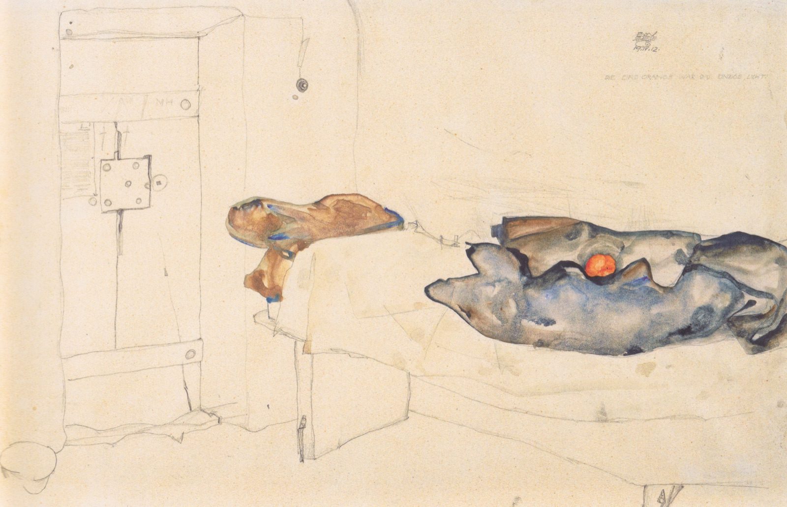 Egon Schiele's 1912 watercolor of his Neulengbach jail cell, showing a single orange on a blanket beside a folded jacket used as a pillow.
